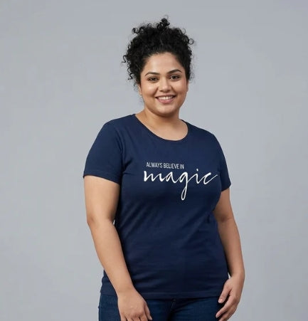 Deeva Women's Plus Size Navy Blue Graphic Tee - "Always Believe in Magic"