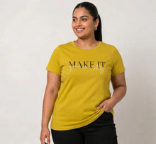 Load image into Gallery viewer, Deevaz Women’s Mustard Yellow Graphic Printed T-Shirt | Half Sleeve Round Neck Casual Top