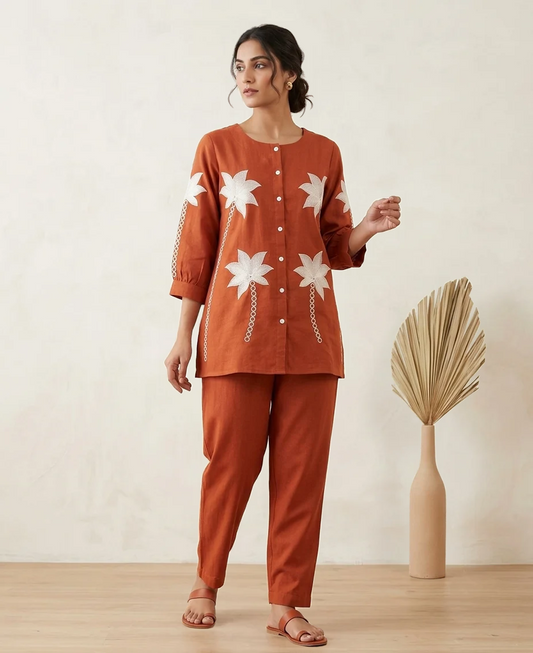 Deevaz Rust Brown Hand-Embroidered Cotton Linen Co-Ord Set Pack of 1