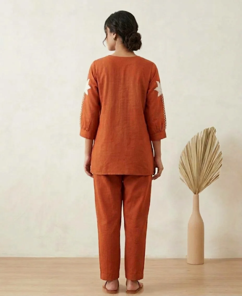 Deevaz Rust Brown Hand-Embroidered Cotton Linen Co-Ord Set Pack of 1