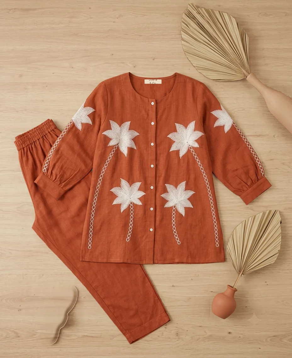 Deevaz Rust Brown Hand-Embroidered Cotton Linen Co-Ord Set Pack of 1