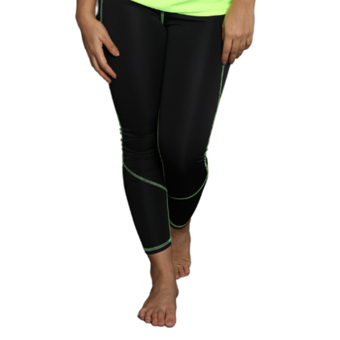 Deevaz Comfort & Snug Fit Active Ankle-Length Green Thread Stitching Tights In Black Color (Side Pocket)
