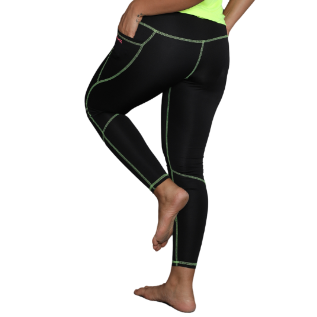 Deevaz Comfort & Snug Fit Active Ankle-Length Green Thread Stitching Tights In Black Color (Side Pocket)