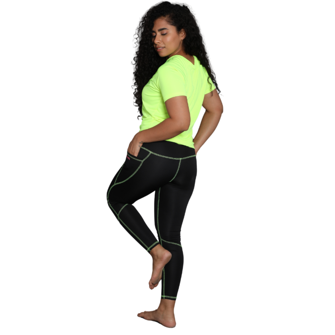 Deevaz Comfort & Snug Fit Active Ankle-Length Green Thread Stitching Tights In Black Color (Side Pocket)