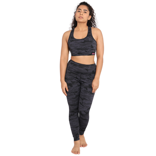 Deevaz Pair Of Comfort Fit Active Sports Bra & Snug Fit Active Ankle-Length Tights In Bluish Camouflage Color.