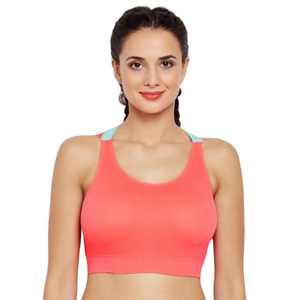 Deevaz Medium Impact Padded non-wired Sports Bra in Carrot Pink Colour with Neon Cross back strap detailing.