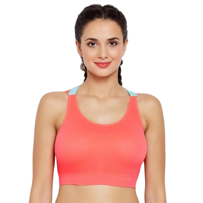 Deevaz Medium Impact Padded non-wired Sports Bra in Carrot Pink Colour with Neon Cross back strap detailing.