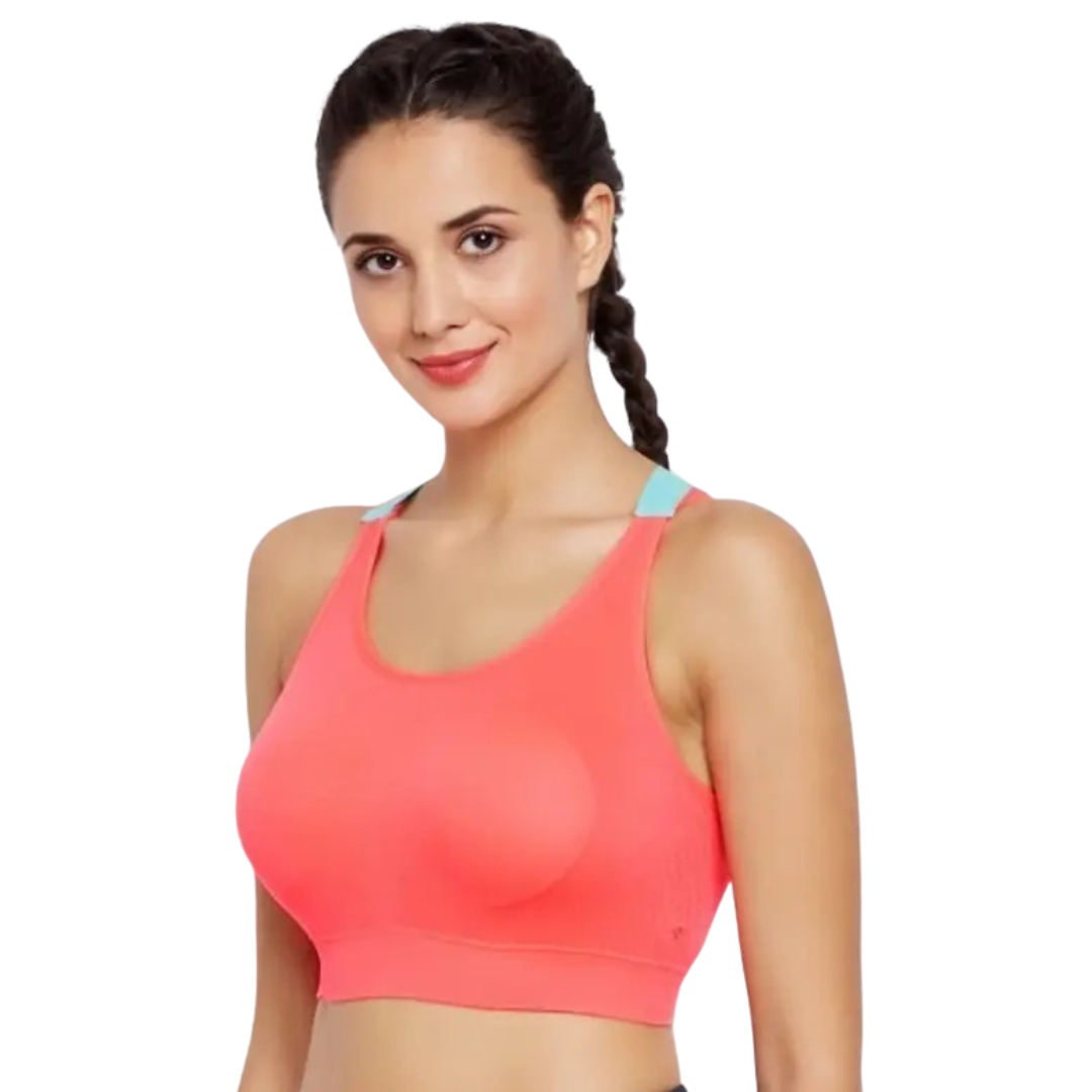 Deevaz Medium Impact Padded non-wired Sports Bra in Carrot Pink Colour with Neon Cross back strap detailing.