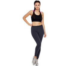 Load image into Gallery viewer, Deevaz Medium Impact Padded Non-Wired Sports Bra In Black Color With Lavender Cross Back Strap Detailing.