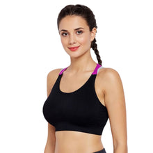 Load image into Gallery viewer, Deevaz Medium Impact Padded Non-Wired Sports Bra In Black Color With Lavender Cross Back Strap Detailing.
