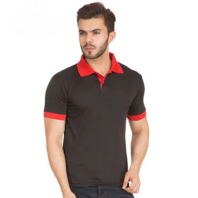 Deevaz Men's Polo Neck Half Sleeve Solid  Black and Red T-shirt.