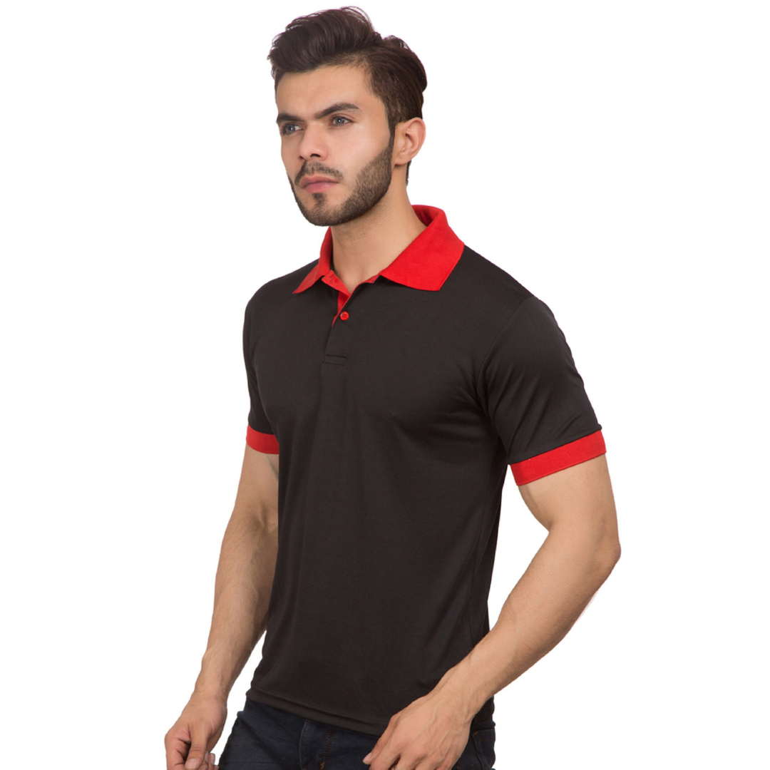 Deevaz Men's Polo Neck Half Sleeve Solid  Black and Red T-shirt.