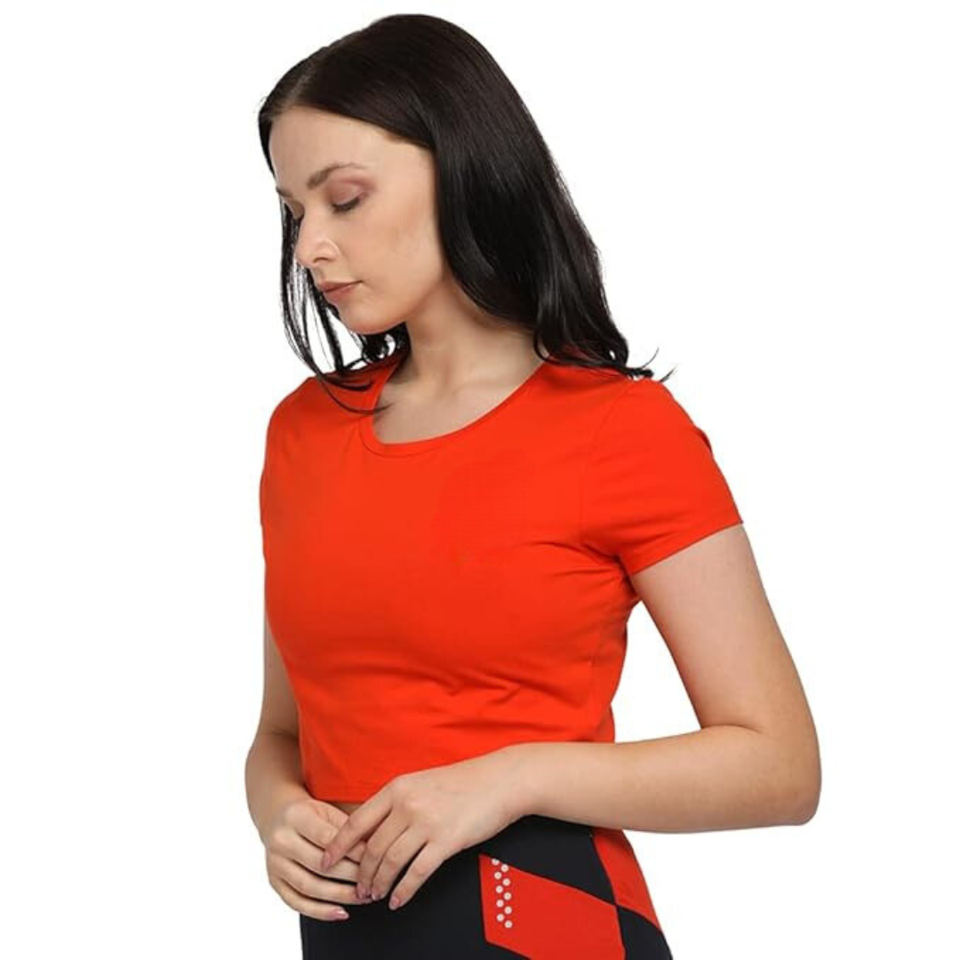 Deevaz Women's Cotton Plain Round Neck Half Sleeve Crop Top Red Color.