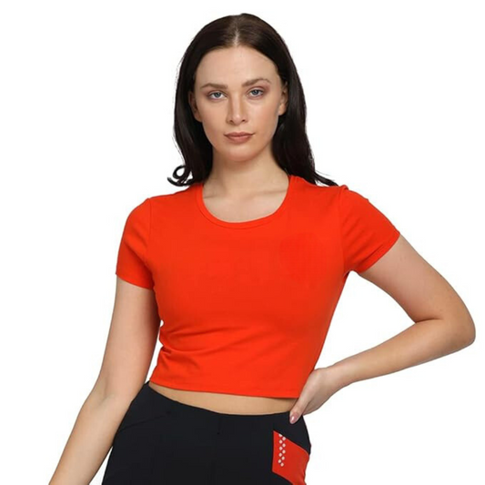 Deevaz Women's Cotton Plain Round Neck Half Sleeve Crop Top Red Color.