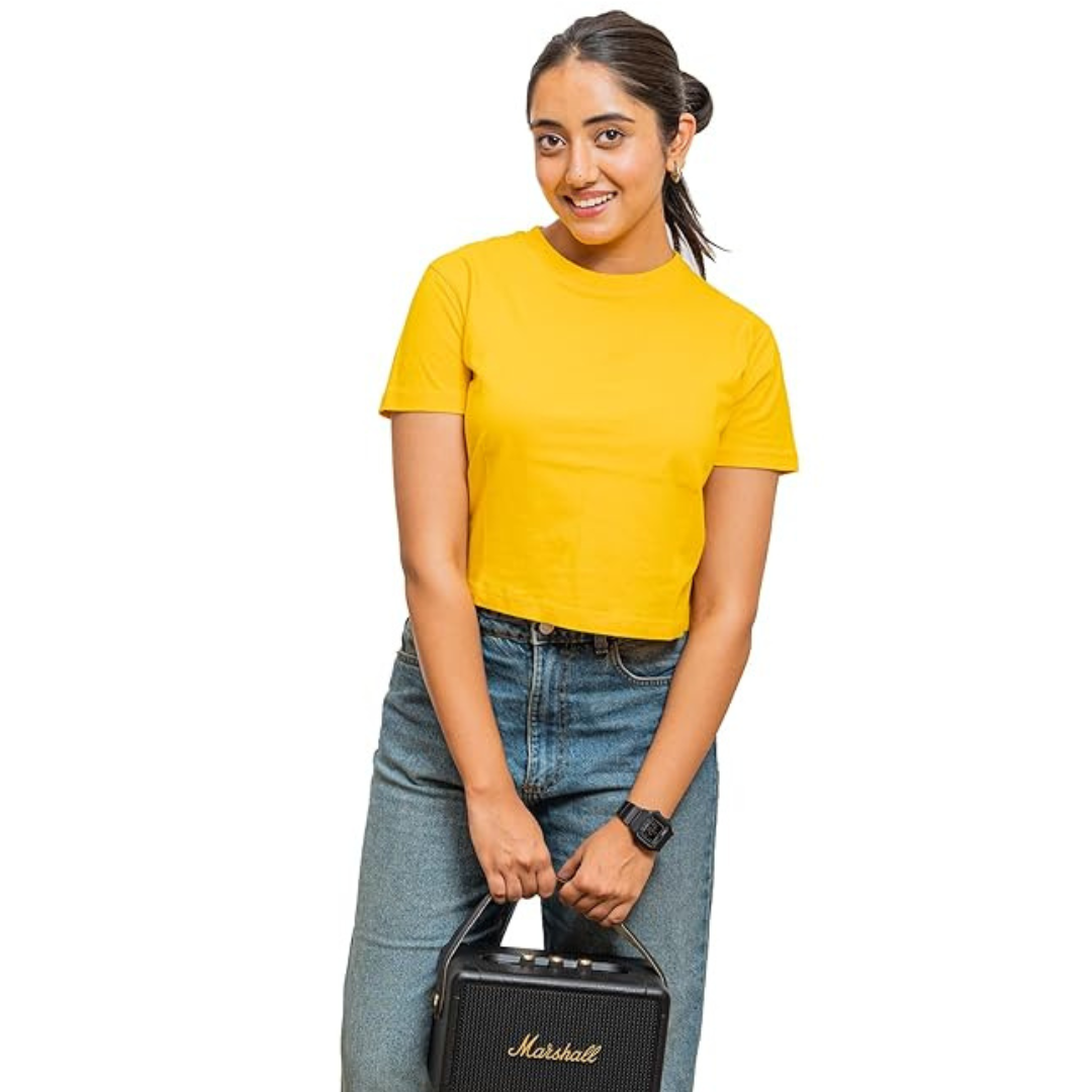 Deevaz Women's Cotton Plain Round Neck Half Sleeve Crop Top Yellow Color.