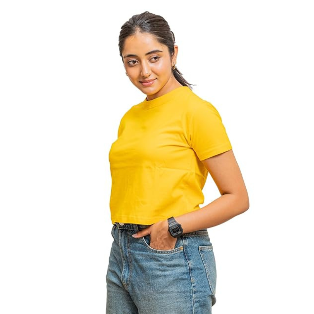 Deevaz Women's Cotton Plain Round Neck Half Sleeve Crop Top Yellow Color.