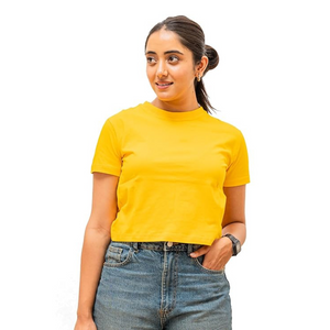 Deevaz Women's Cotton Plain Round Neck Half Sleeve Crop Top Yellow Color.