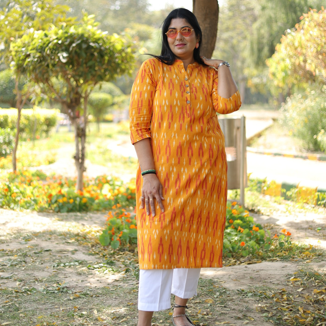 Deevaz Fashion And Lifestyle Women’s Cotton Stitched Ikkat Printed Kurti Women