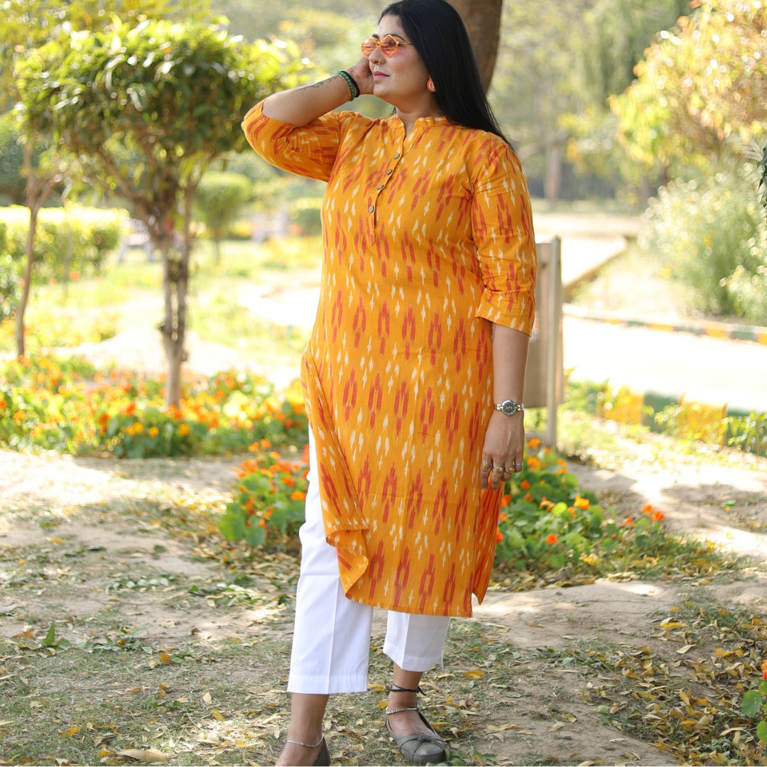 Deevaz Fashion And Lifestyle Women’s Cotton Stitched Ikkat Printed Kurti Women