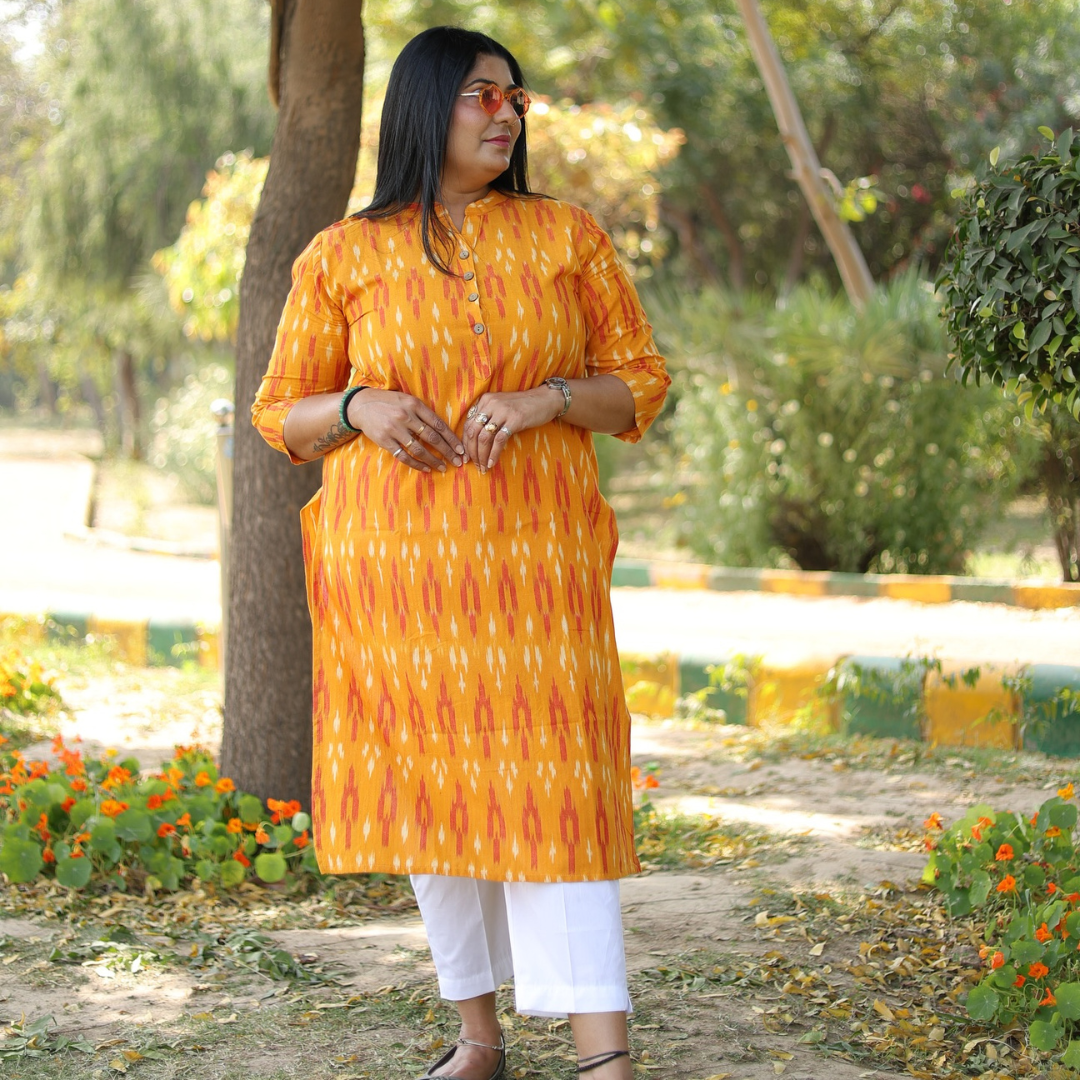 Deevaz Fashion And Lifestyle Women’s Cotton Stitched Ikkat Printed Kurti Women