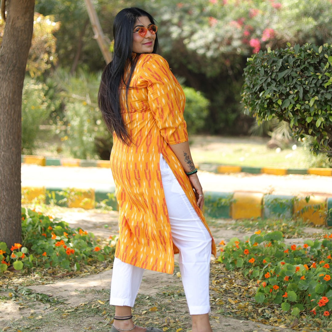 Deevaz Fashion And Lifestyle Women’s Cotton Stitched Ikkat Printed Kurti Women