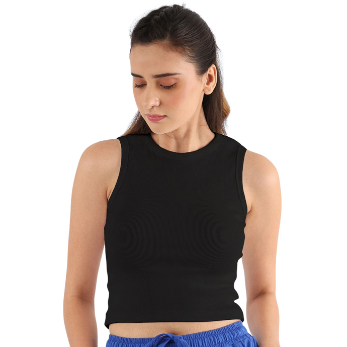 Deevaz Women’s Sleeveless Rib Knitted Cotton Racer Back Tank Tops Crew Neck Crop Tops Black Color.