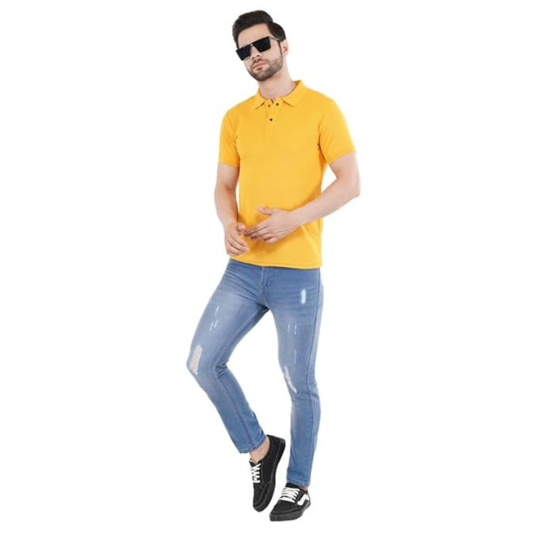 Deevaz Men's Solid Polo Neck Cotton Blend Yellow T-Shirt.