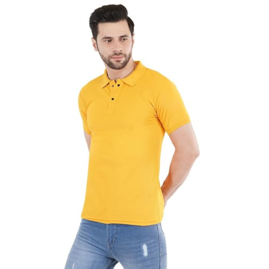 Deevaz Men's Solid Polo Neck Cotton Blend Yellow T-Shirt.