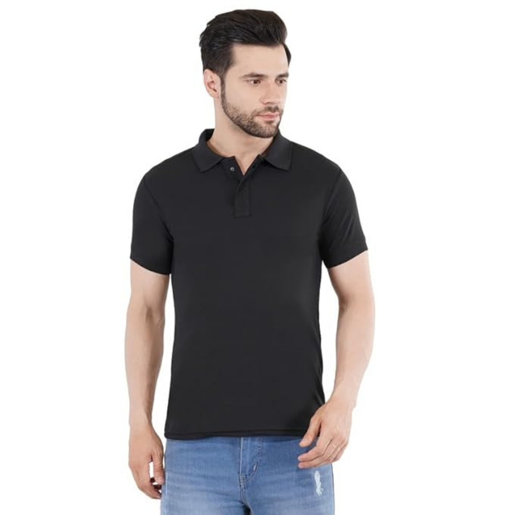 Deevaz Men's Solid Polo Neck Cotton Blend Black T-Shirt.