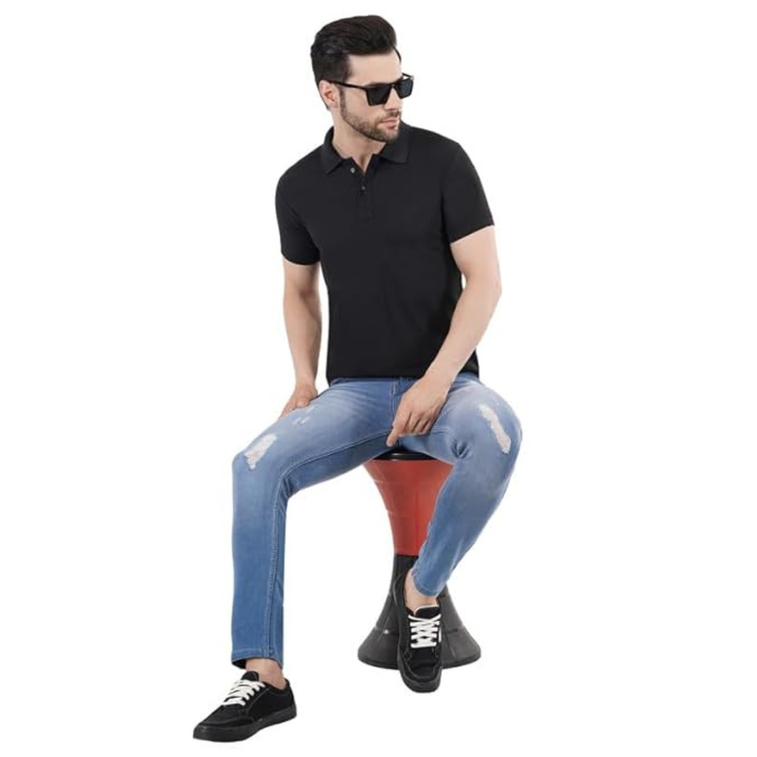 Deevaz Men's Solid Polo Neck Cotton Blend Black T-Shirt.