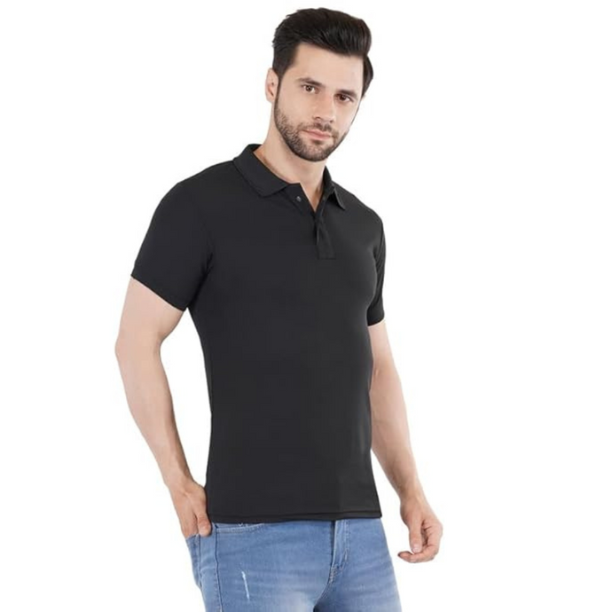 Deevaz Men's Solid Polo Neck Cotton Blend Black T-Shirt.