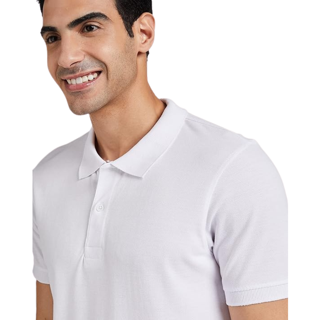 Deevaz Men's Solid Polo Neck Cotton Blend White T-Shirt.