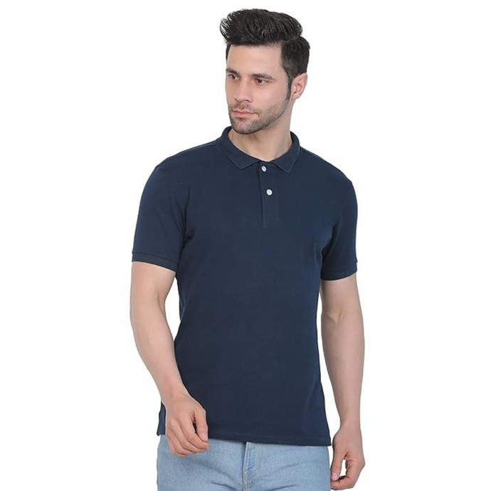 Deevaz Men's Solid Polo Neck Cotton Blend Navy Blue T-Shirt.