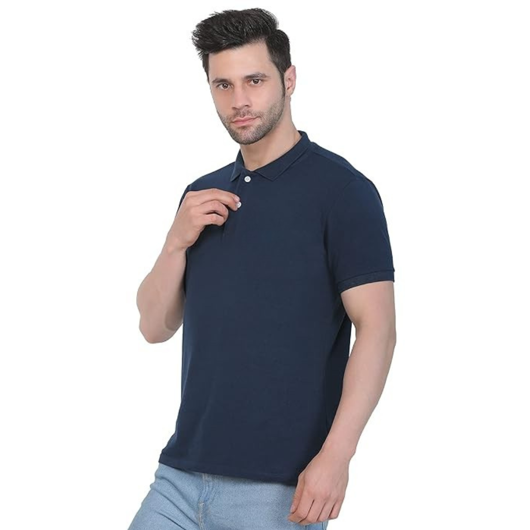 Deevaz Men's Solid Polo Neck Cotton Blend Navy Blue T-Shirt.