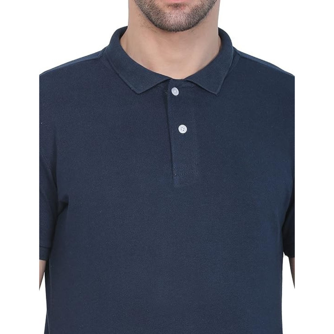 Deevaz Men's Solid Polo Neck Cotton Blend Navy Blue T-Shirt.