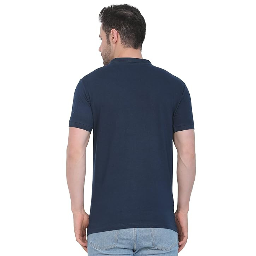 Deevaz Men's Solid Polo Neck Cotton Blend Navy Blue T-Shirt.