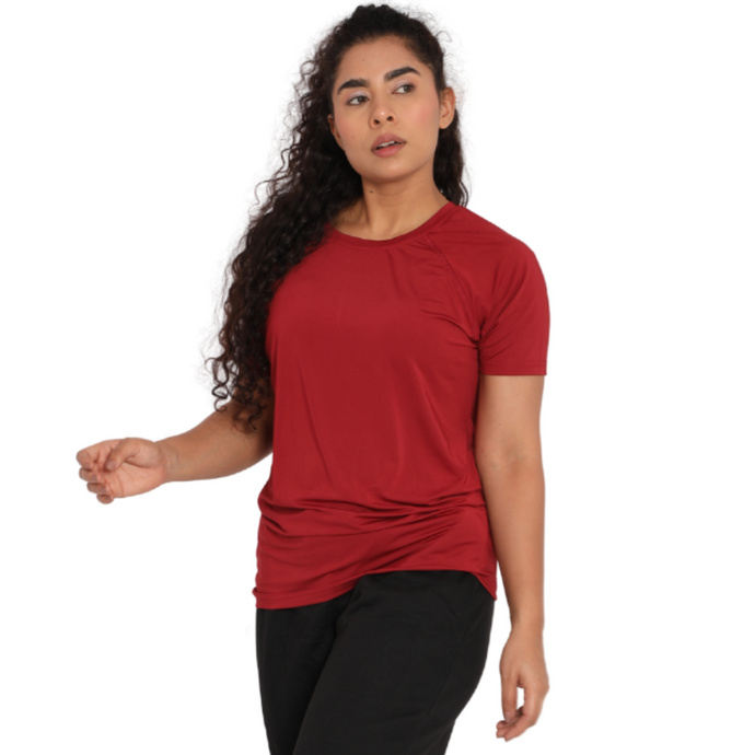 Deevaz Women Comfort Fit Round Neck Half Sleeve Neon T Shirts In Neon Maroon Color