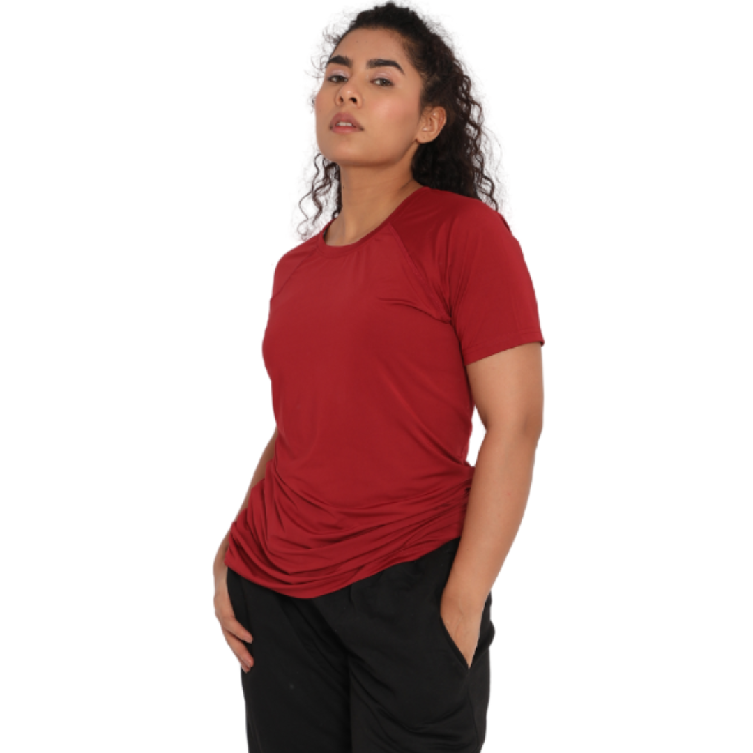 Deevaz Women Comfort Fit Round Neck Half Sleeve Neon T Shirts In Neon Maroon Color