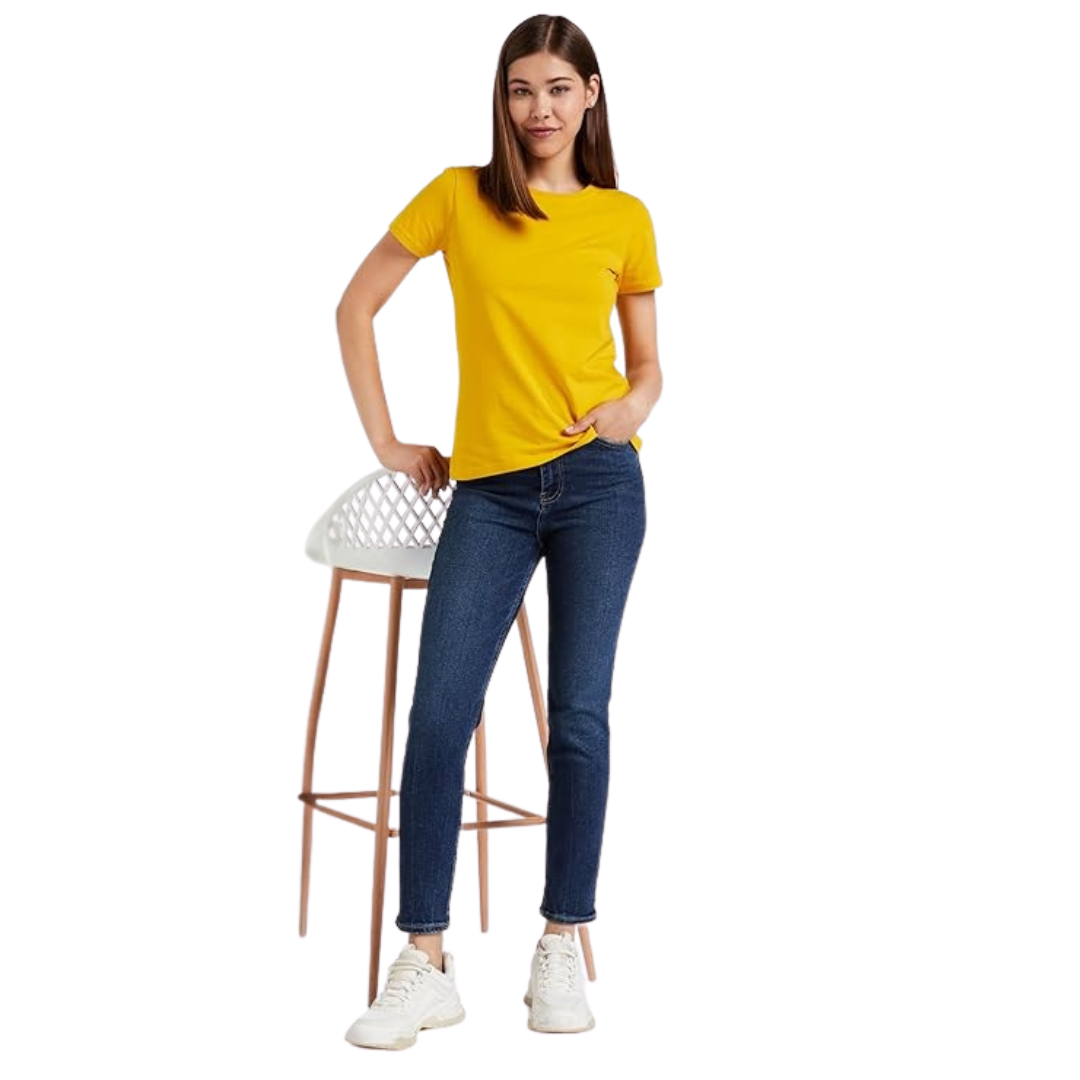 Deevaz Women Comfort Fit Round Neck Half Sleeve Cotton T Shirts In Yellow.