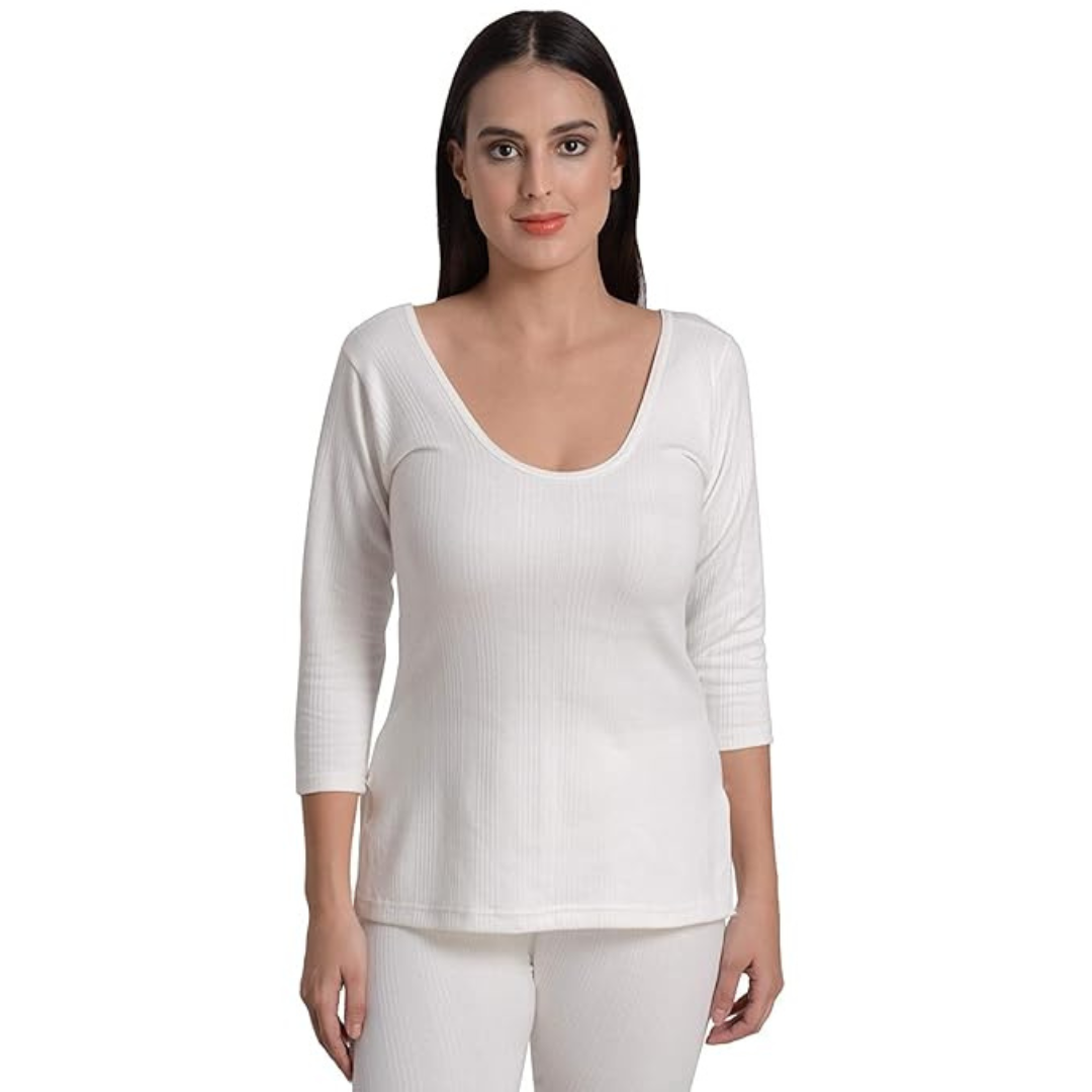 Deevaz Women's Cotton Winter Round Neck 3/4 Sleeves Thermal Top And Lower Set In White Color.