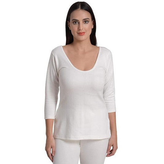 Deevaz Women's Cotton Winter Round Neck 3/4 Sleeves Thermal Top And Lower Set In White Color.