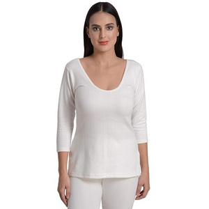 Deevaz Women's Cotton Winter Round Neck 3/4 Sleeves Thermal Top And Lower Set In White Color.