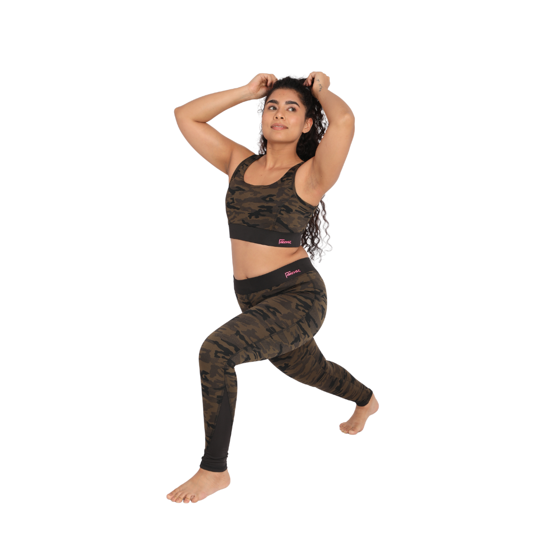 Deevaz Combo Of 2 Pair Of Comfort Fit Active Sports Bra & Snug Fit Active Ankle-Length Tights In Printed Blue & Olive Color