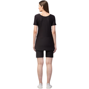 Deevaz Women's Frock Style Round Neck Short Sleeve & Knee Shorts Swimsuit In Black Color.