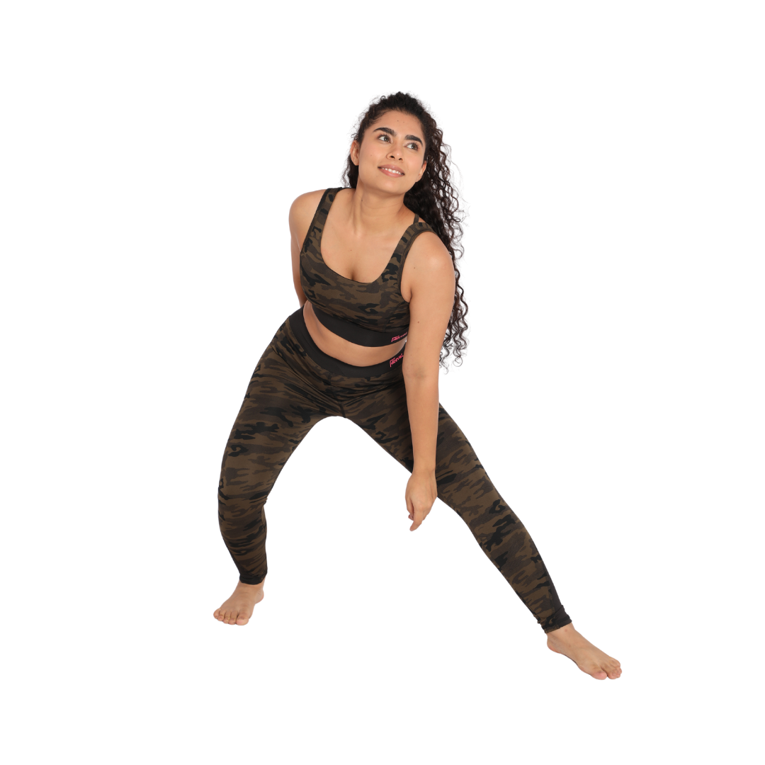 Deevaz Combo Of 2 Pair Of Comfort Fit Active Sports Bra & Snug Fit Active Ankle-Length Tights In Printed Blue & Olive Color