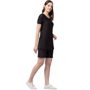 Deevaz Women's Frock Style Round Neck Short Sleeve & Knee Shorts Swimsuit In Black Color.