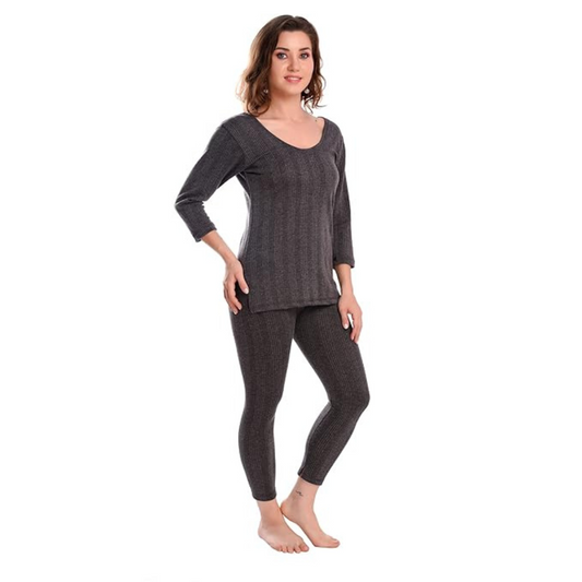 Deevaz Women's Cotton Winter 3/4 Sleeves Thermal Top and Lower Set In Dark Grey Color.