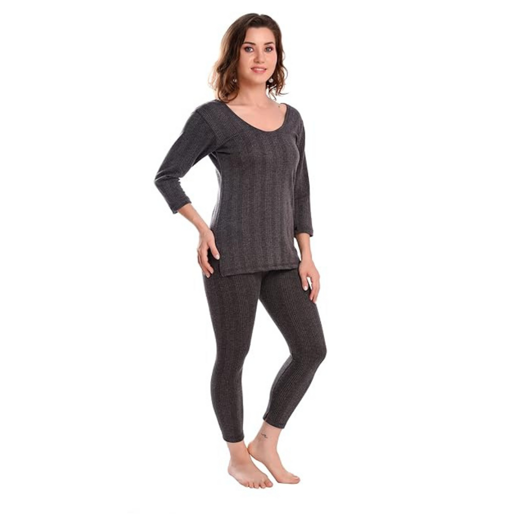 Deevaz Women's Cotton Winter 3/4 Sleeves Thermal Top and Lower Set In Dark Grey Color.
