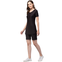 Load image into Gallery viewer, Deevaz Women&#39;s Frock Style Round Neck Short Sleeve &amp; Knee Shorts Swimsuit In Black Color.