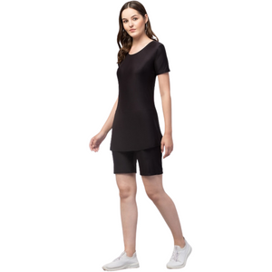 Deevaz Women's Frock Style Round Neck Short Sleeve & Knee Shorts Swimsuit In Black Color.